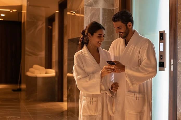 Ehepaar im Spa Bereich benutzt ihr Smartphone als Zugangssystem