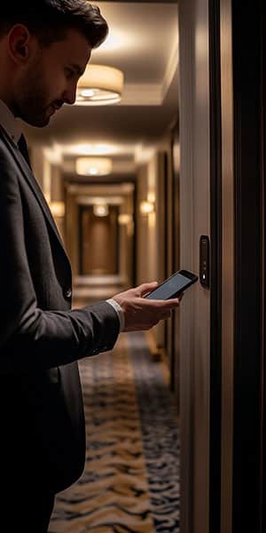 Hotelgast vor Hotelzimmertür verschafft sich Zutritt mittels Smartphone als digitaler Schlüssel